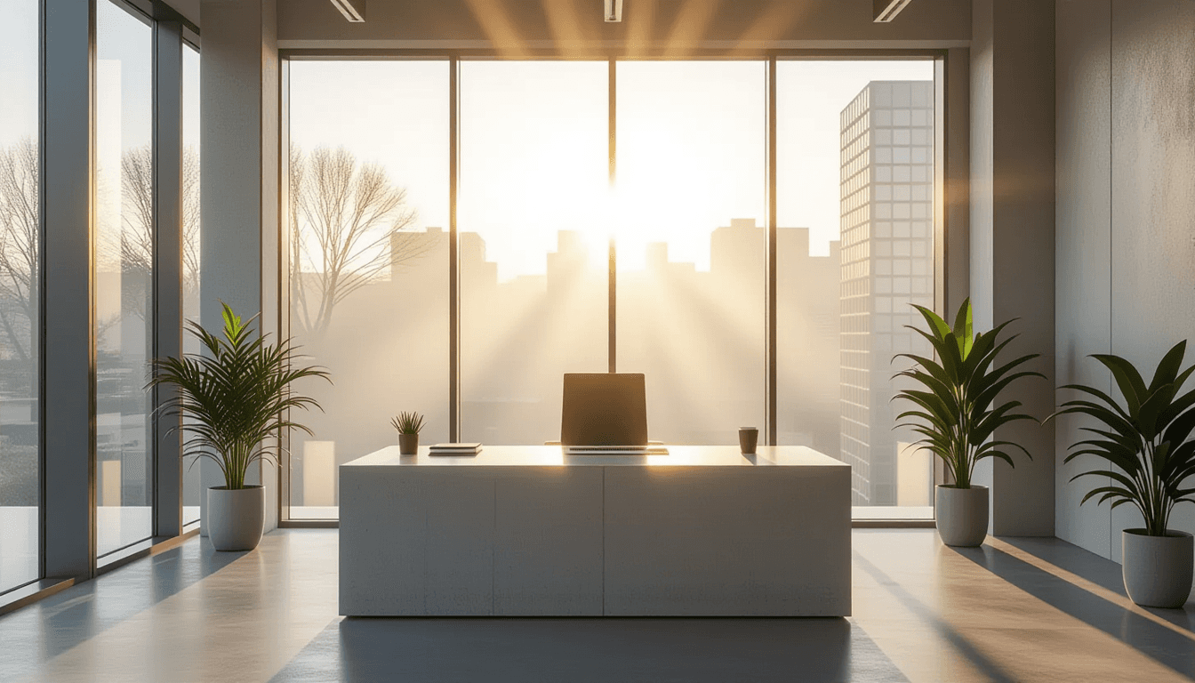 Sunbeams pierce through morning fog in a glass-walled office, illuminating floating dust motes above
