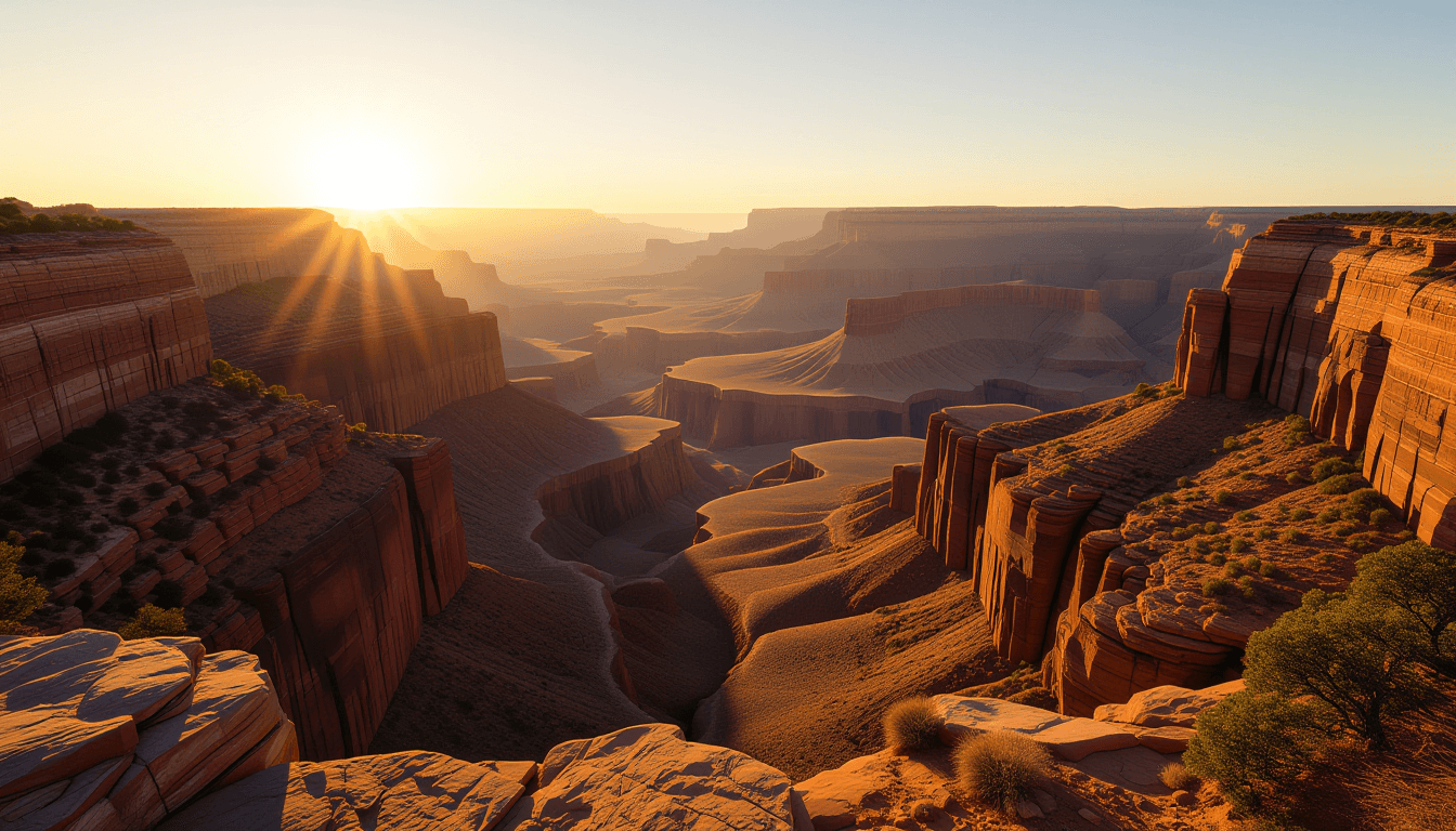 A sweeping vista of a deep, shadowed canyon at golden hour, where the receding terrain suggests eros