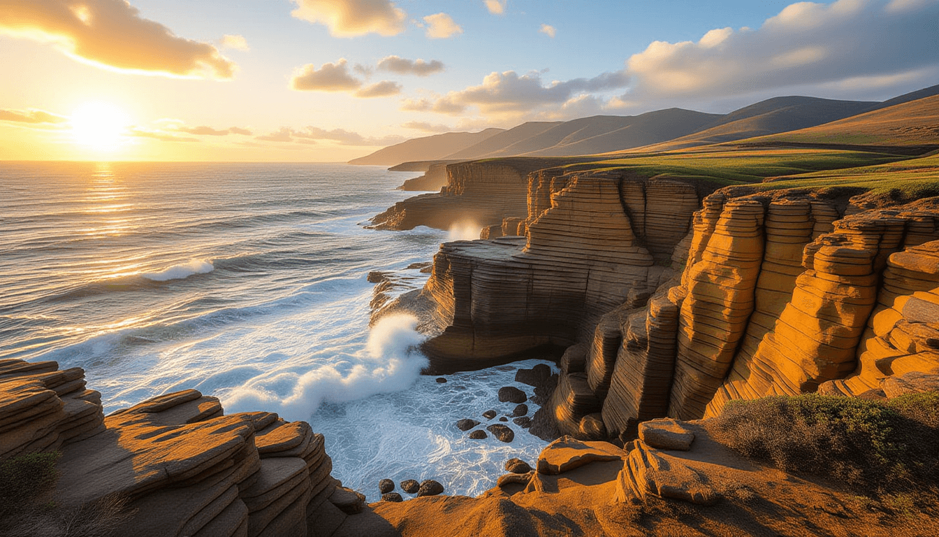 Golden hour light floods a rugged coastal canyon, illuminating layered sedimentary rock strata that