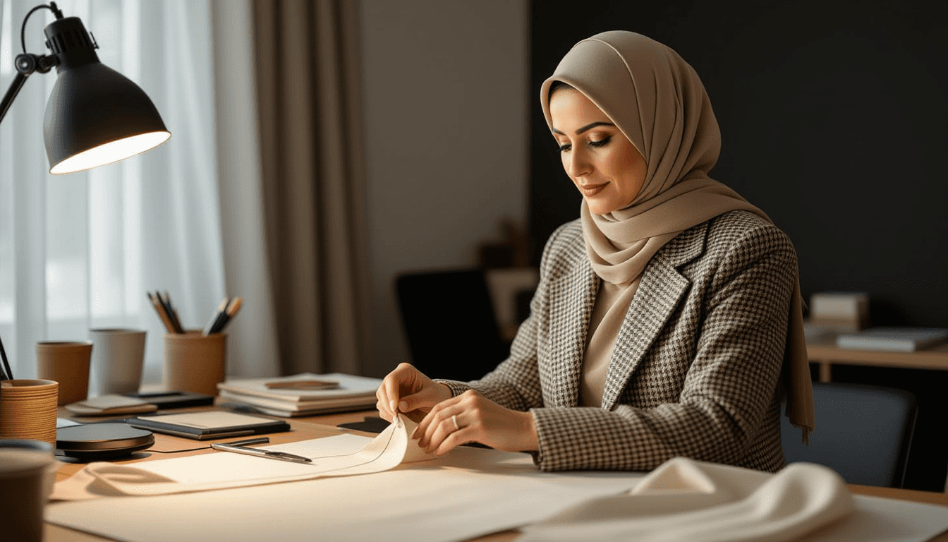 A Middle Eastern woman in her forties stands at her worktable, pinning the hem of a wool suit jacket