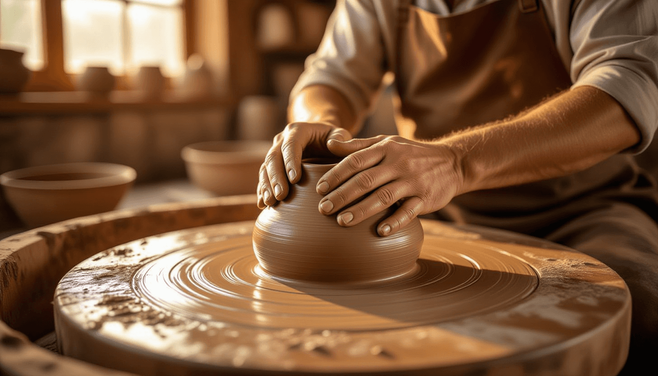 Golden hour light catches artisan hands gently kneading rich, dark clay on a rustic wooden wheel, sh