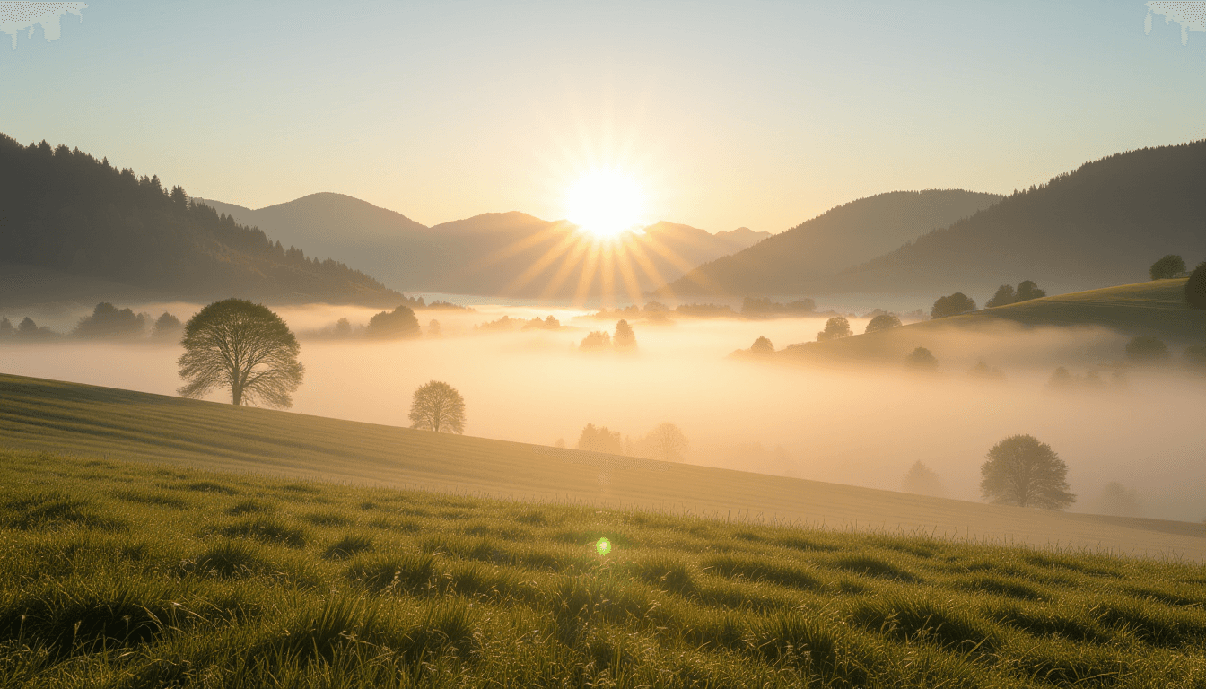 Dawn breaking over a misty valley, where sharp sunbeams pierce through heavy fog, illuminating dust