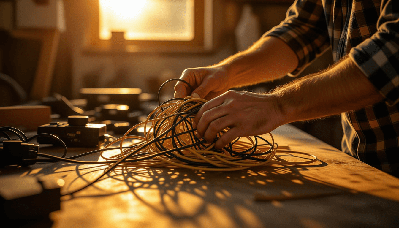 A photographer’s hand adjusts a complex network of tangled cables on a workbench, bathed in the warm