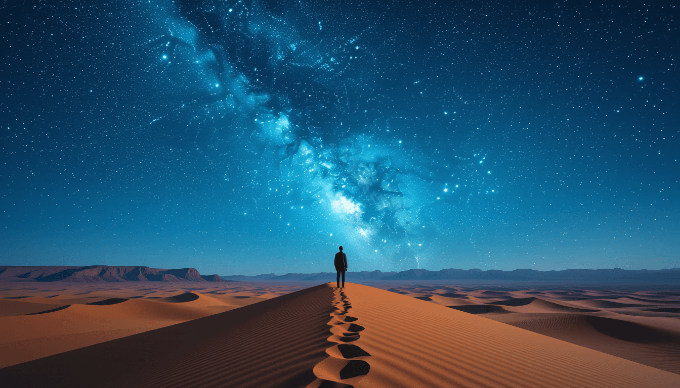 A solitary figure stands on a windswept desert ridge, dwarfed by a star-strewn night sky, under the