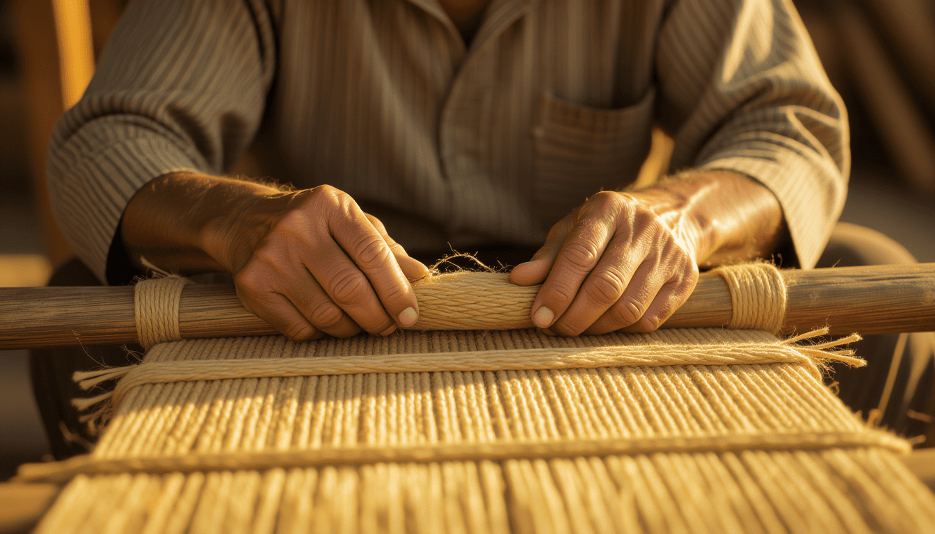 Golden hour light catches weathered hands meticulously weaving raw jute fibers on a rustic loom, sha