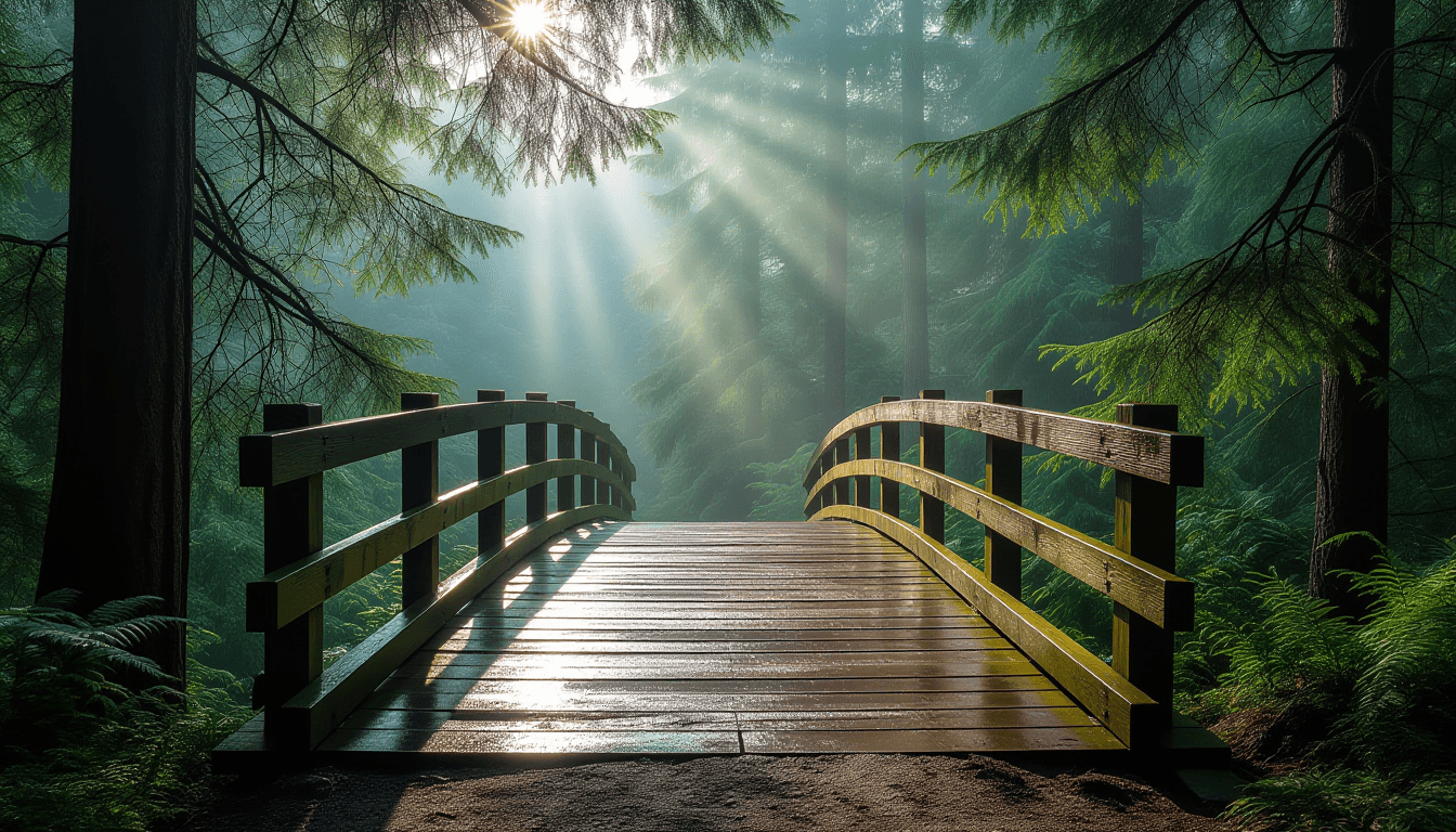 Sunlight filters through dense pine needles, illuminating a worn wooden bridge spanning a misty fore