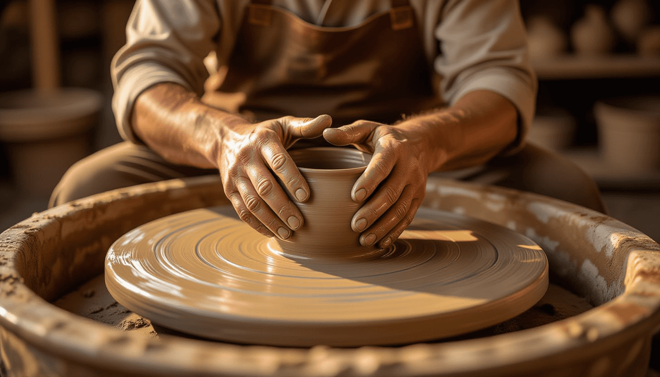 Golden hour light glints off a potter’s calloused hands centering wet clay on a spinning wheel, shal