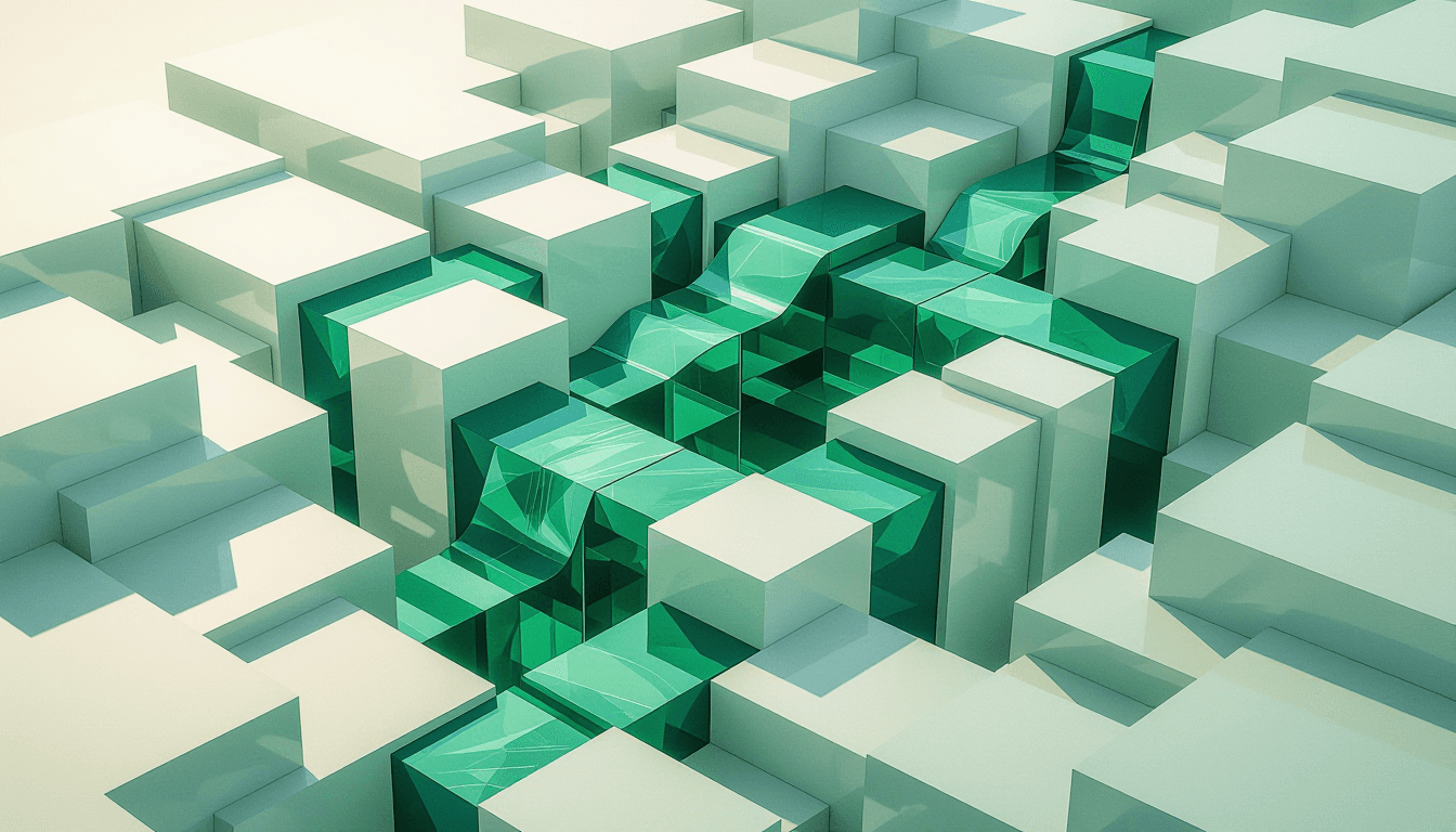 Stacked translucent geometric platforms rise in layers, bridged by flowing emerald ribbons, creating