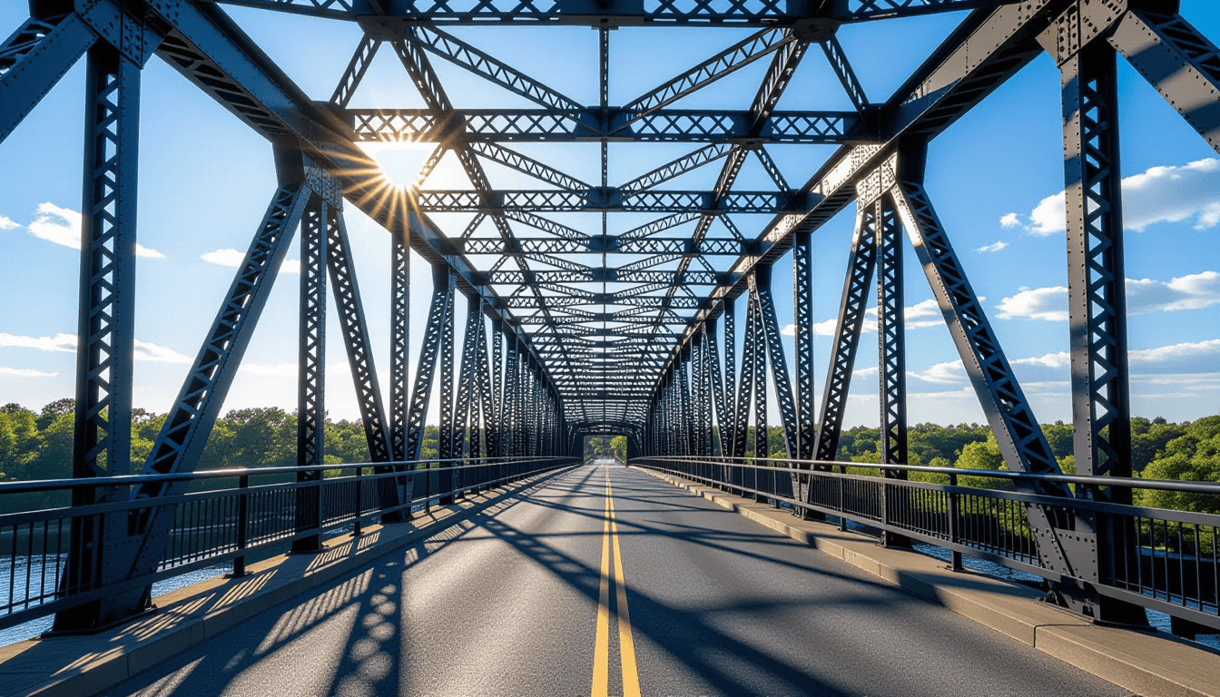Sunlight streams through a massive steel truss bridge, highlighting the intricate geometric lattice
