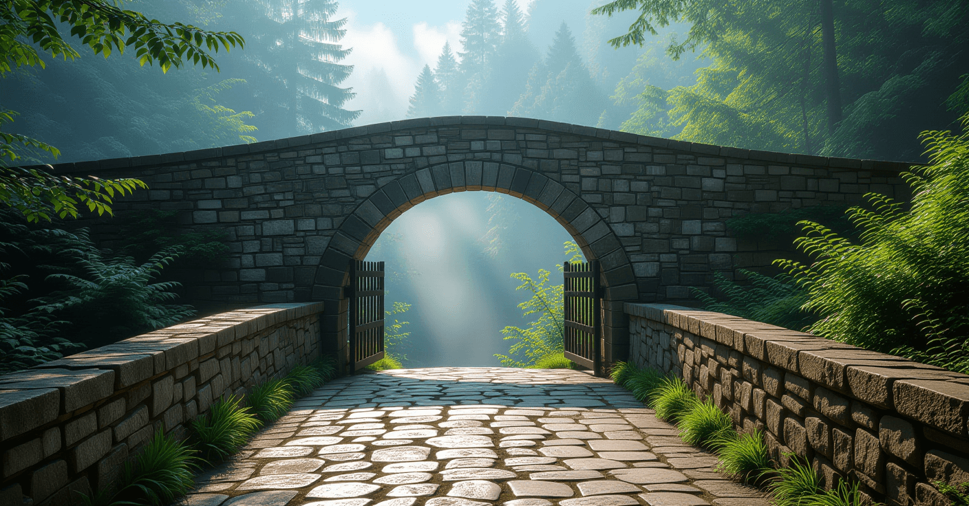 A stone bridge arches over a deep forest chasm, bathed in soft morning mist. The camera focuses on t