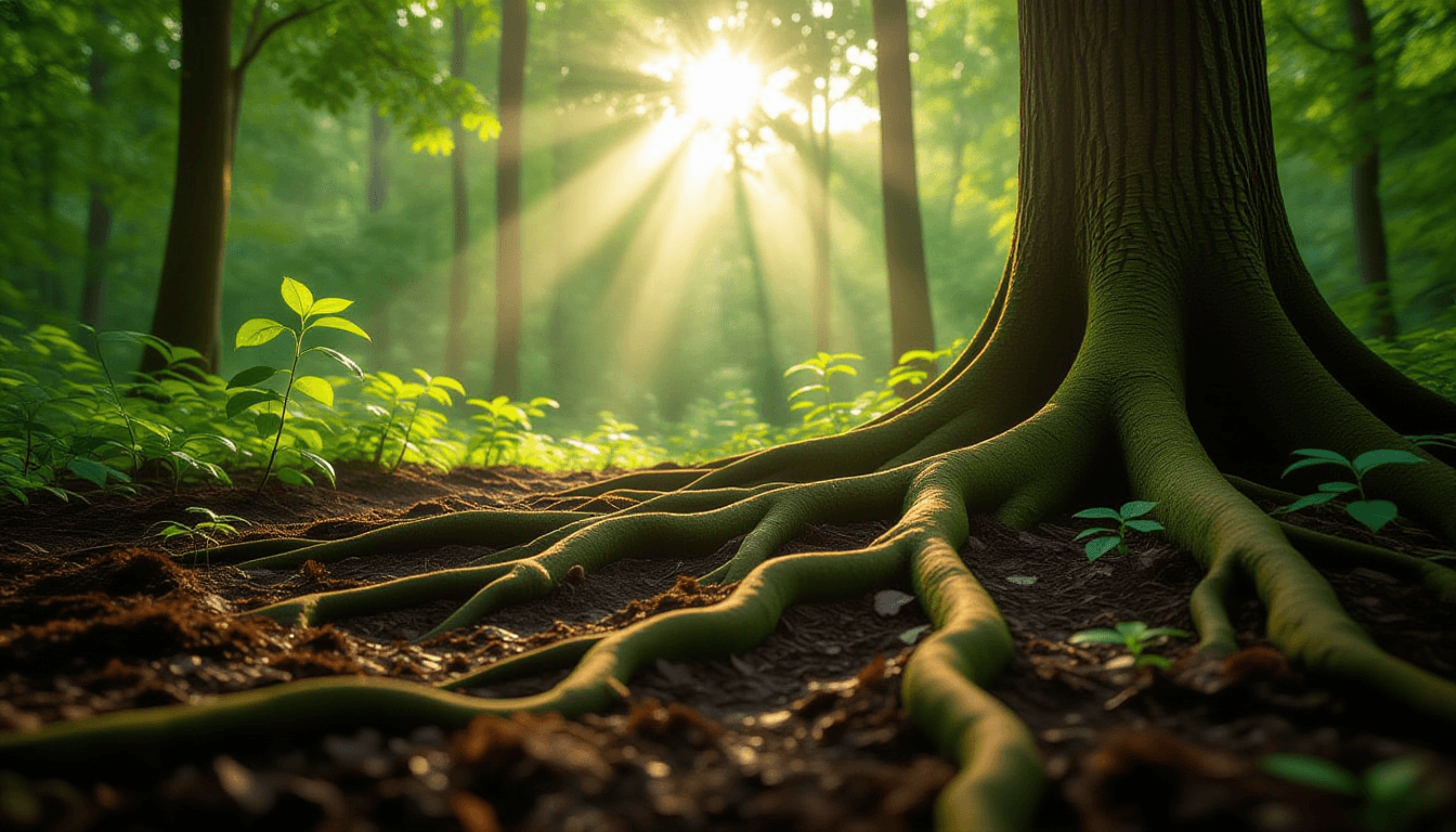 Morning light filters through a dense forest canopy, illuminating tangled roots emerging from rich s