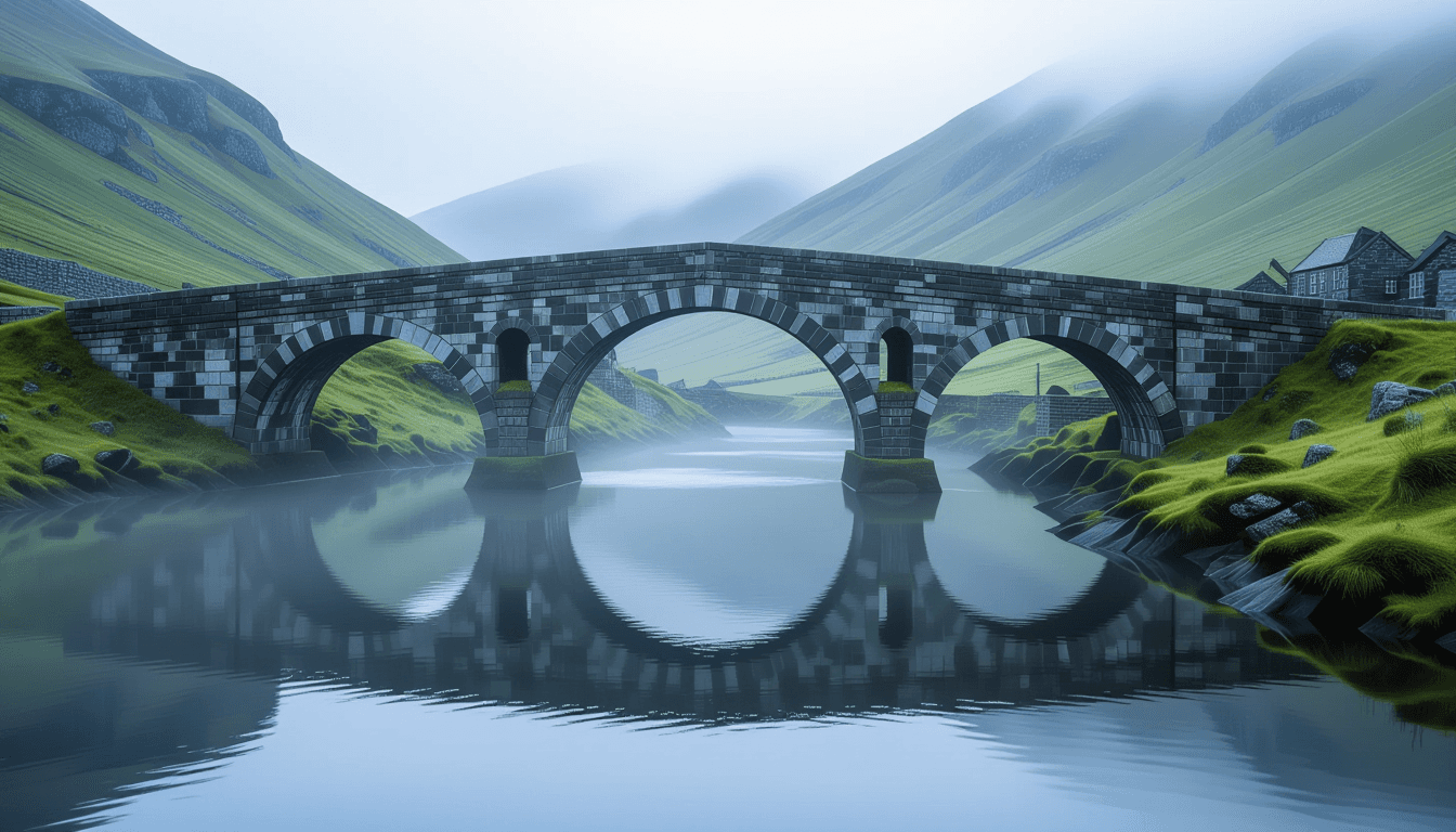 A weathered stone bridge spans a misty gorge at dawn, its arches reflecting in the still water below