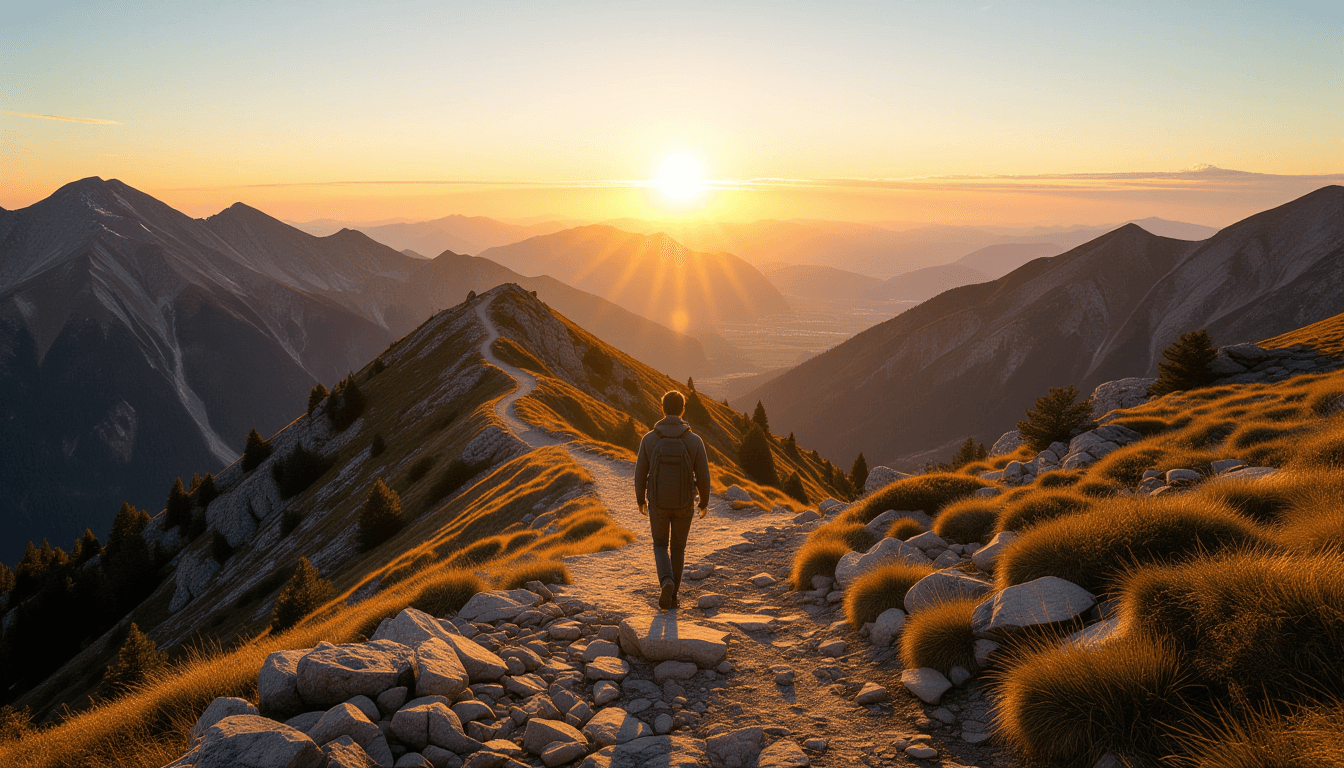 A lone traveler walks a rugged mountain pass, the winding trail ahead illuminated by the warm, direc