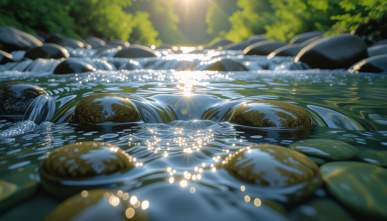 Sunlight filters through a shallow, crystal-clear mountain stream, illuminating smooth, rounded ston