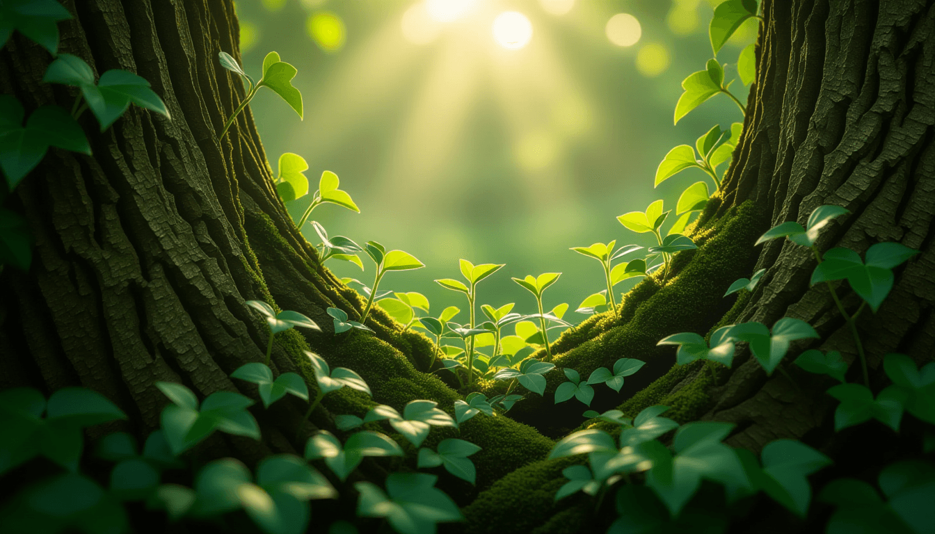 Morning light filters through a dense, sprawling ivy canopy, highlighting new green shoots emerging