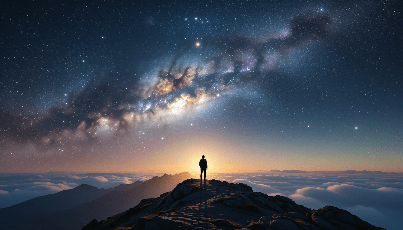 A lone silhouette stands on a jagged, wind-swept ridge, dwarfed by a vast, star-strewn nebula archin