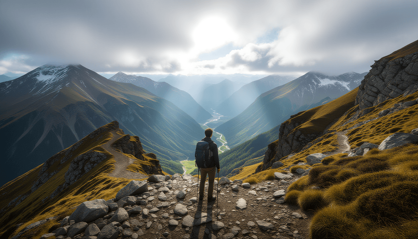 A lone hiker pauses on a rugged mountain pass, looking toward a distant, sunlit valley visible throu