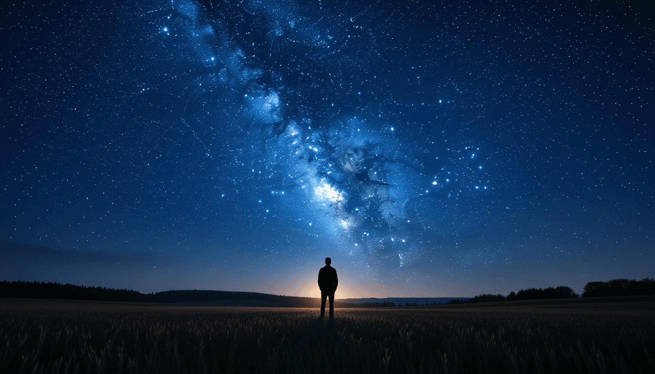 A lone developer stands silhouetted against a vast, star-dusted night sky, the Milky Way arcing over