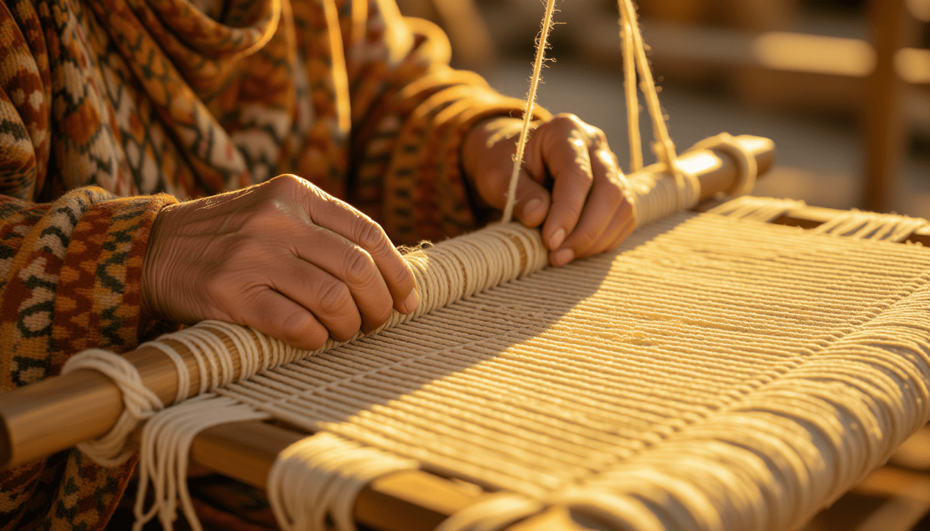 Golden hour light glints off calloused hands deftly weaving intricate threads on a rustic wooden loo
