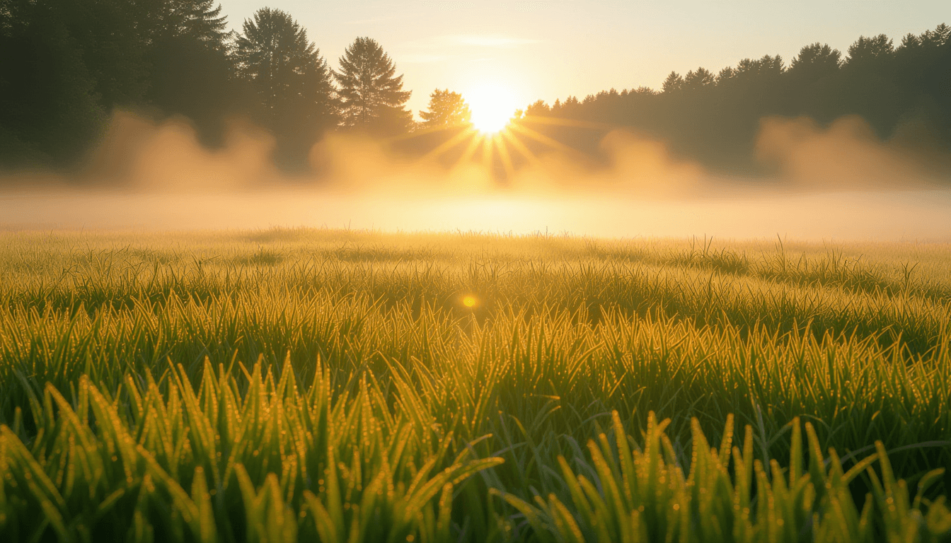 Golden hour light pierces through morning fog, casting sharp, volumetric beams across a quiet, dew-c