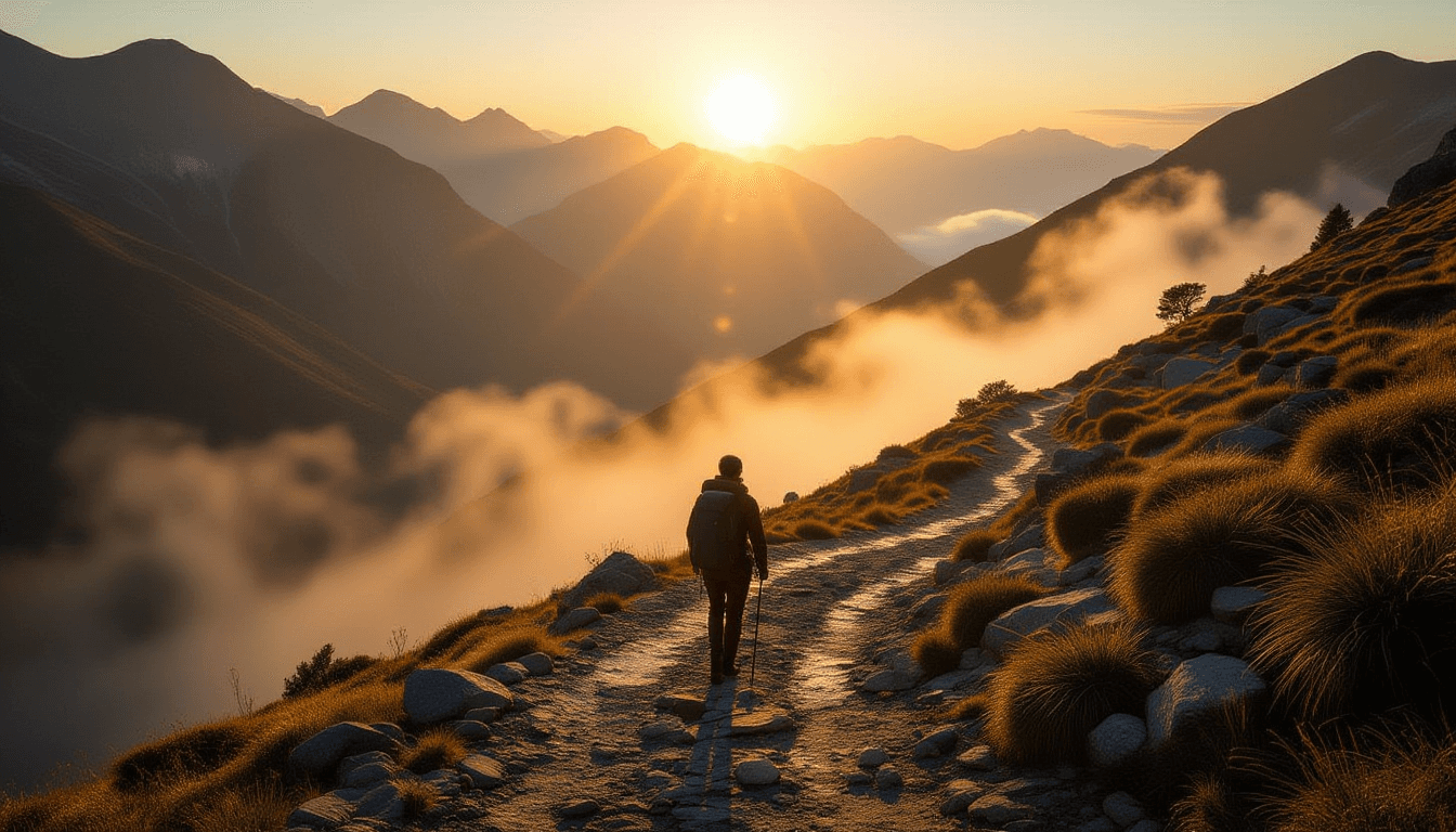 A lone traveler navigates a rugged, mist-shrouded mountain pass at golden hour, their silhouette sma