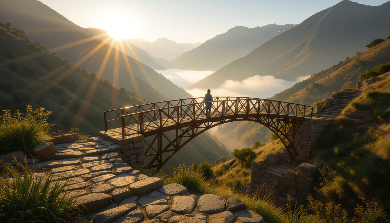 Golden hour light spills across a winding mountain trail, where worn stone steps descend into a mist