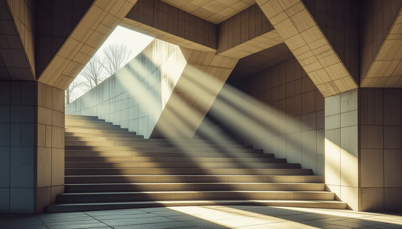 Sunlight fractures through the concrete ribs of a brutalist archway, casting sharp geometric shadows