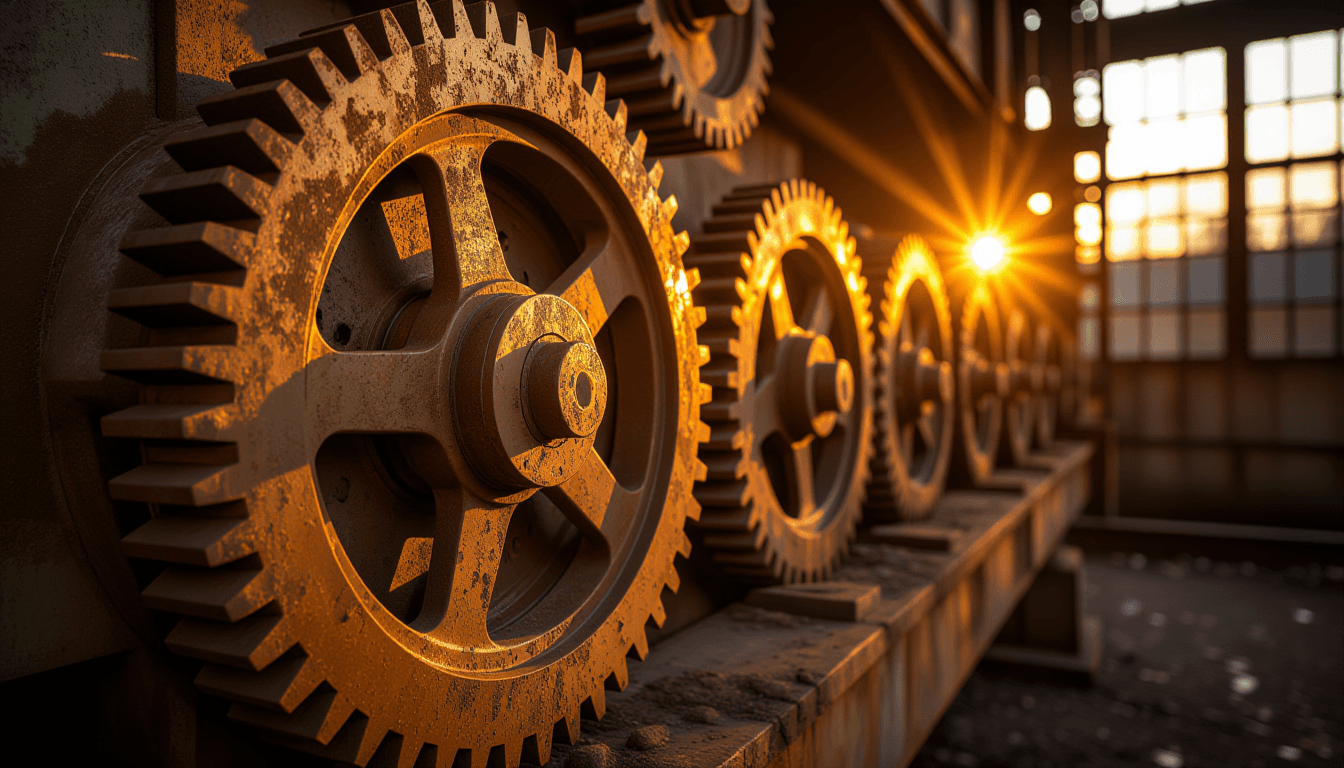 Golden hour light slices through the rusted interlocking gears of a derelict industrial machine, rev