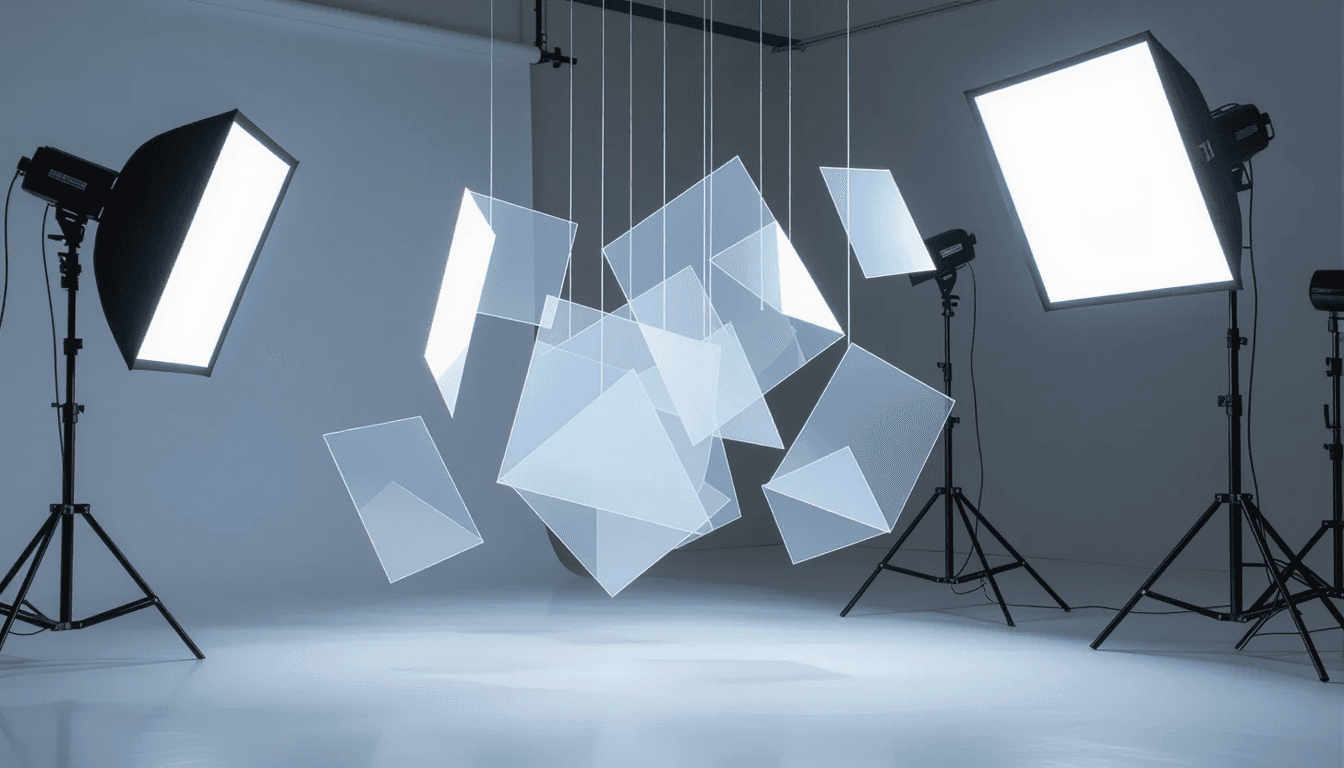 Shallow depth of field captures translucent geometric planes suspended in mid-air against a stark wh
