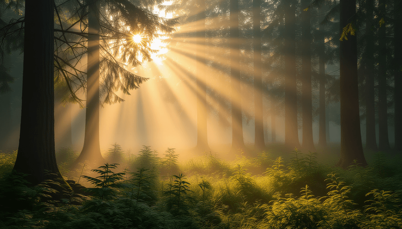 Golden hour shafts pierce dense morning fog, illuminating dust motes dancing in the air. The harsh