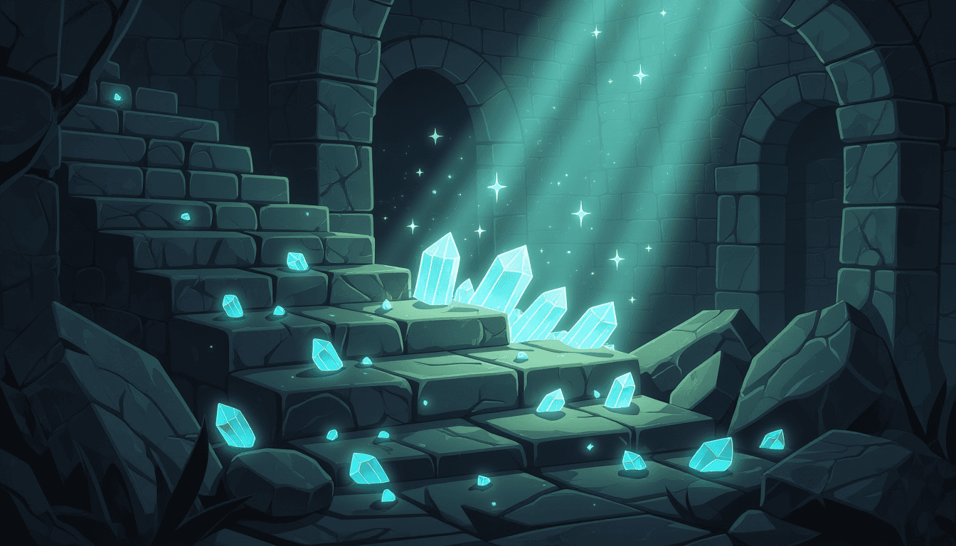 Cracked stone steps crumbling into a dark abyss, where discarded, glowing fragments drift like lost