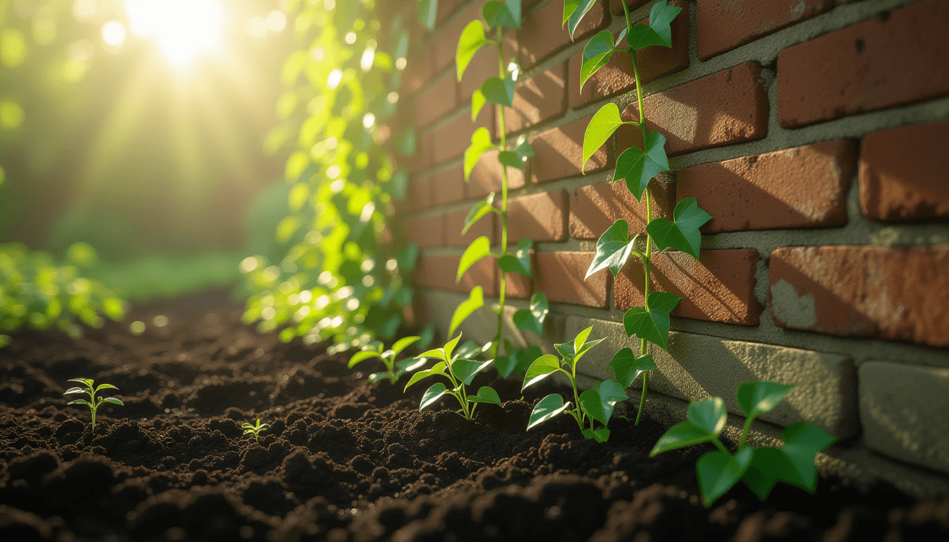 Sunlight filters through dense ivy climbing a weathered brick wall, highlighting fresh green shoots