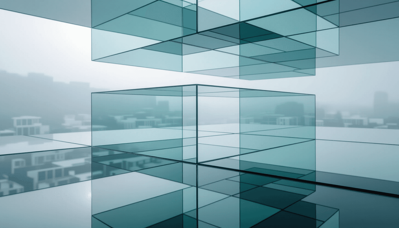 Stacked translucent glass planes float in overcast diffused light, their edges catching soft reflect
