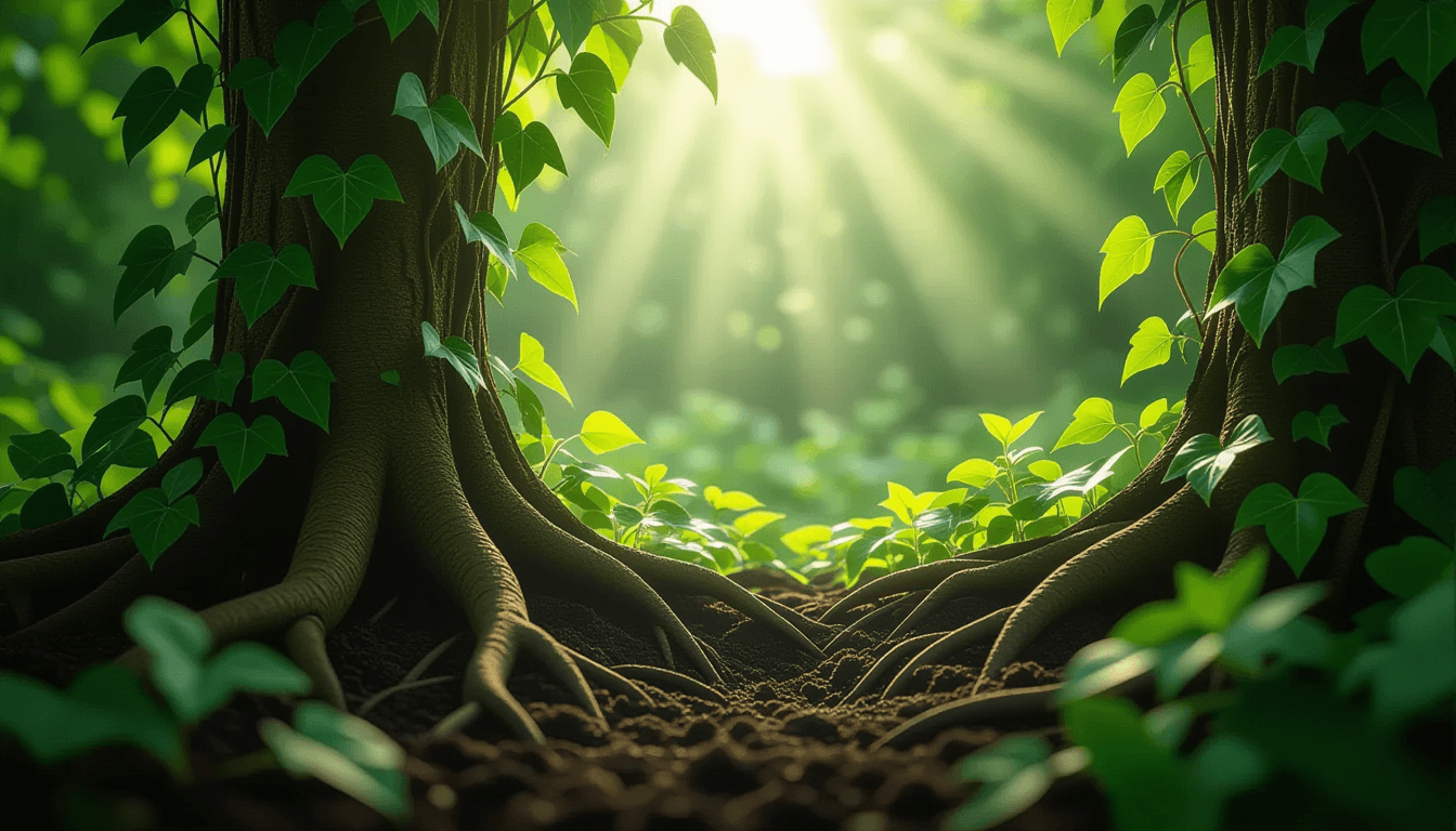 Sunlight filters through a dense canopy of ivy, highlighting tangled roots gripping soil, symbolizin