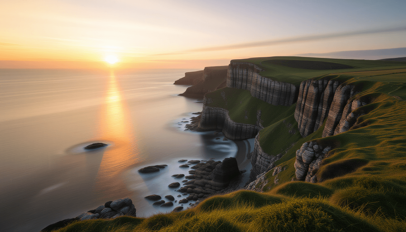 Long exposure on a rugged coastal cliff at golden hour, where the blurred, silhouetted peaks create