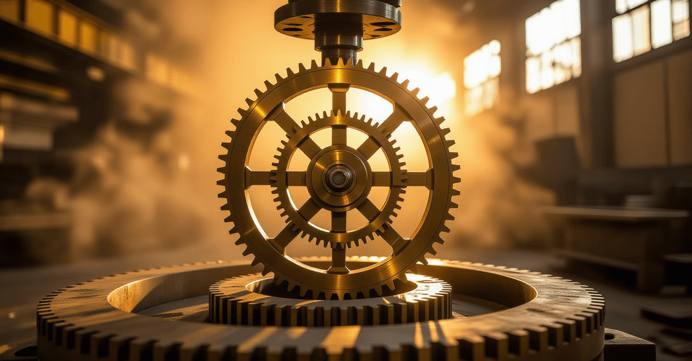 Golden hour light glints off interlocking brass gears and spinning kinetic rings in an industrial fo