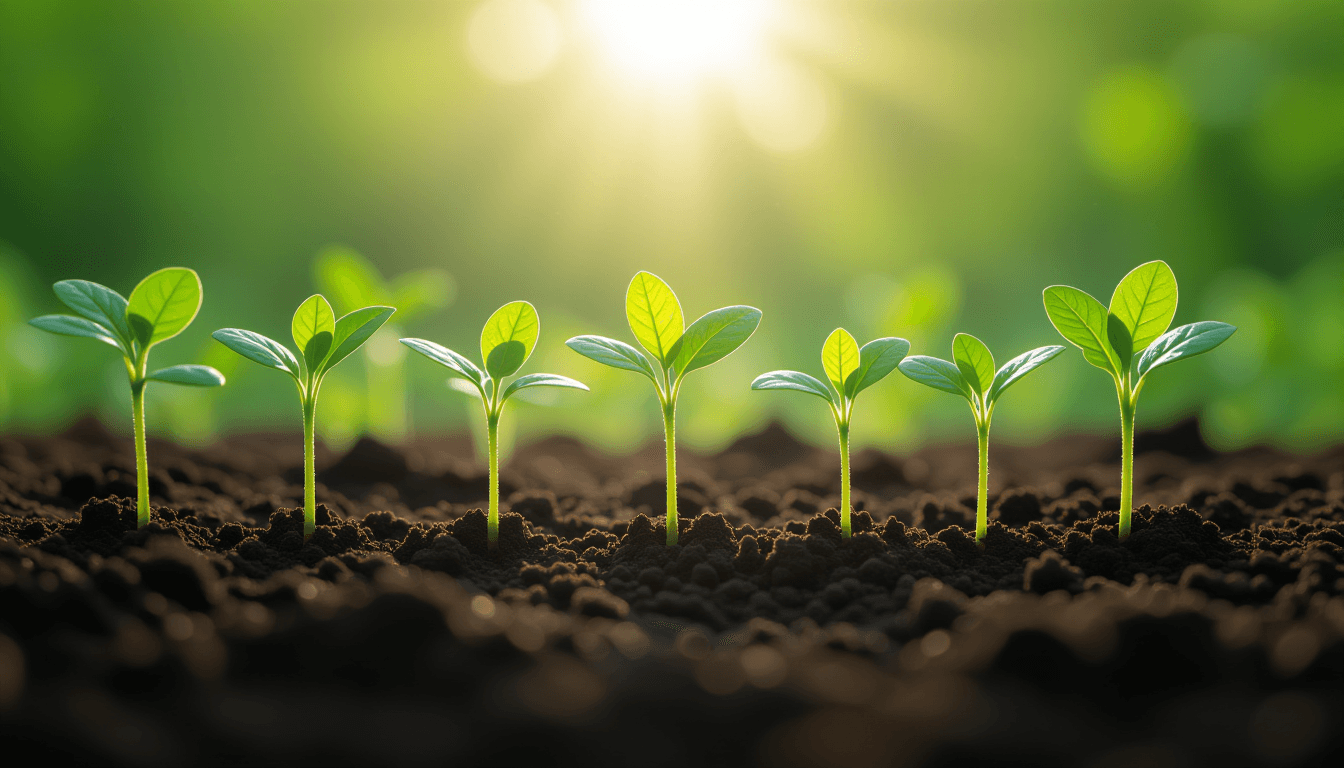 Early morning light filters through a dense garden canopy, illuminating young seedlings pushing thro