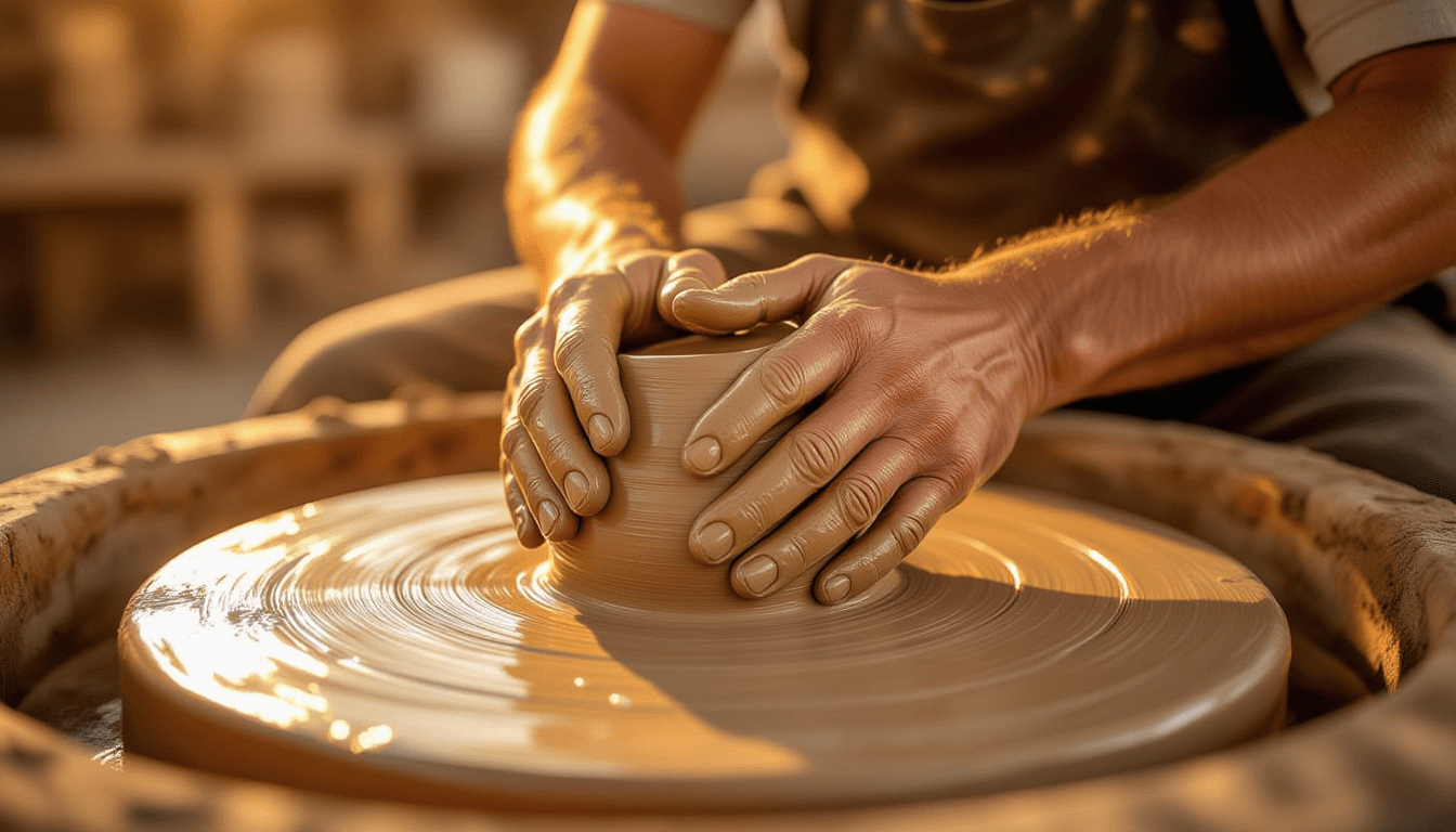 Golden hour light catches the rough texture of calloused hands kneading wet clay on a wooden wheel