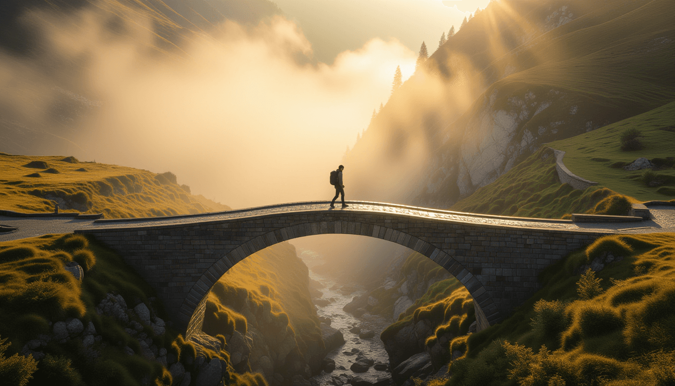 Golden hour light washes over a solitary hiker pausing on a stone bridge spanning a misty chasm, cap