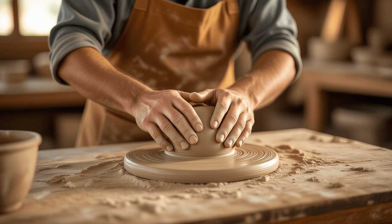 Golden hour light glints off skilled fingers kneading raw clay on a rustic wooden workbench, the sha
