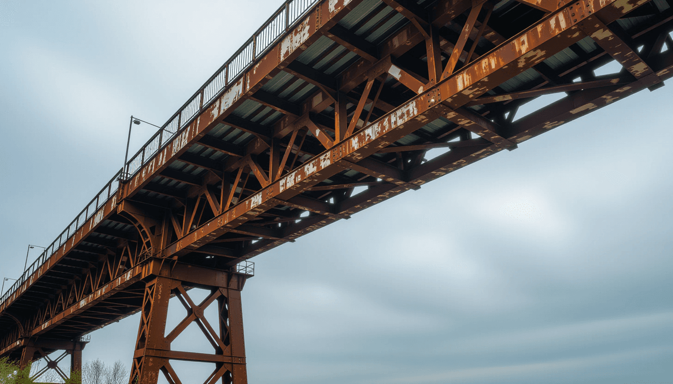 Golden hour light catches the rusted iron joints of a decaying industrial bridge, highlighting the c