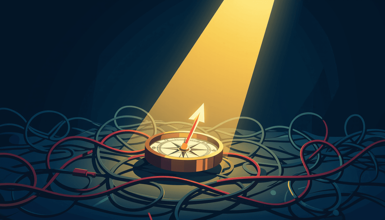 A solitary, glowing compass needle hovers above a chaotic tangle of tangled wires, pointing decisive