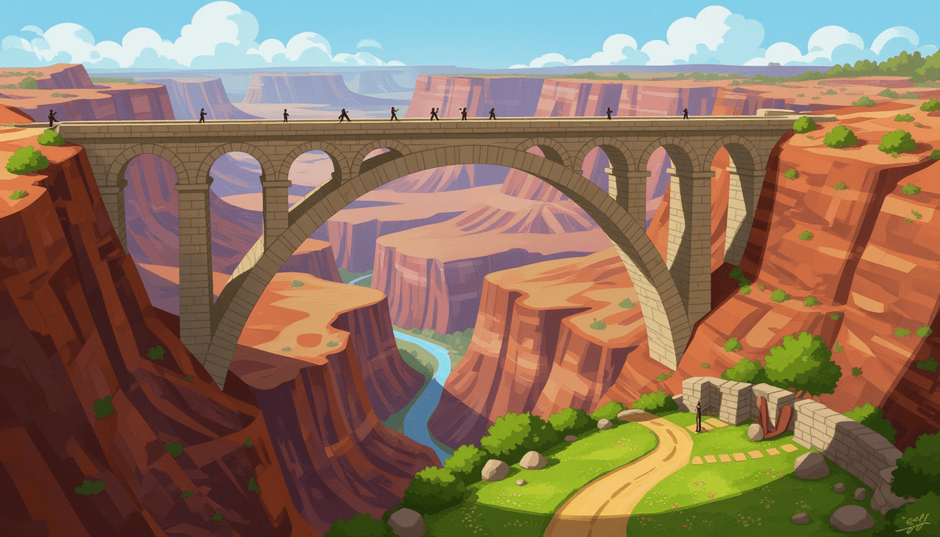 A massive, intricate stone bridge built by many hands spans a vast canyon, standing in stark contras