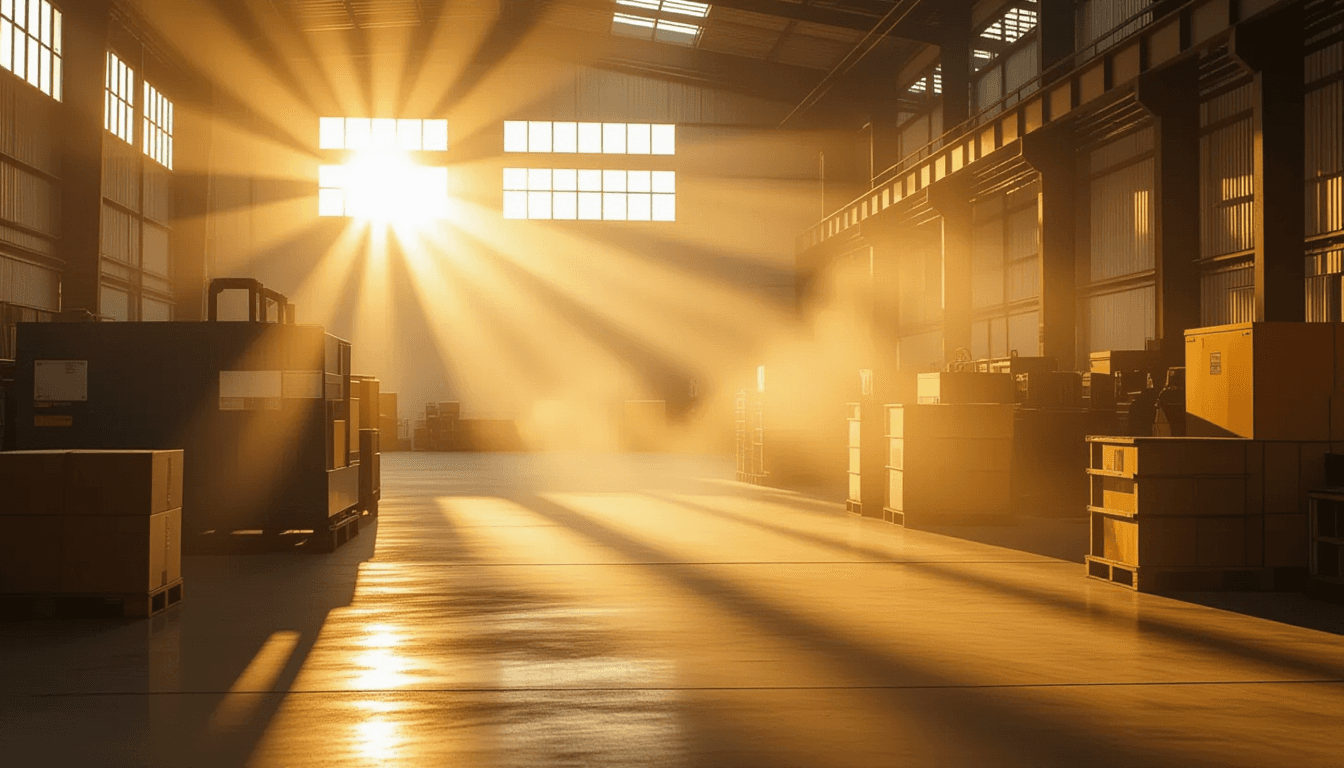 Golden hour rays pierce through morning fog in a sunlit warehouse, highlighting dust motes dancing i