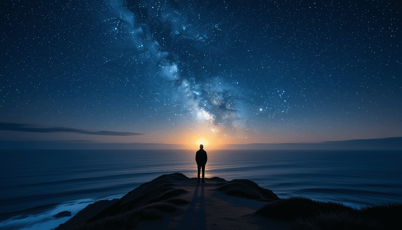 A lone silhouette stands on a windswept coastal cliff at dusk, dwarfed by the infinite starfield and