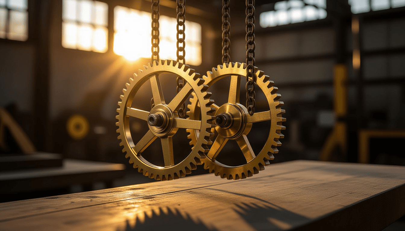 Golden hour light glints off interlocking gears suspended in a dark workshop, capturing the pr