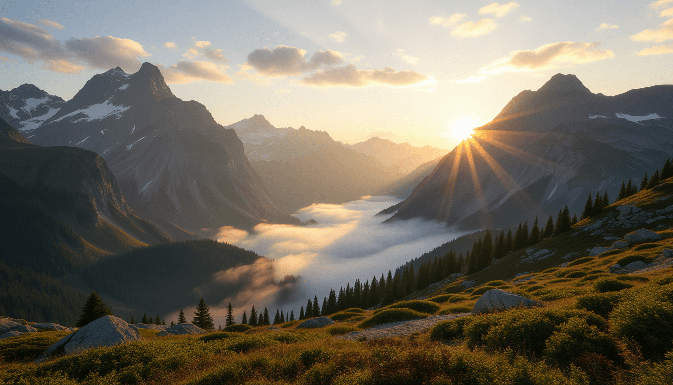Golden hour light spills over jagged mountain peaks, casting long shadows across a rugged valley flo