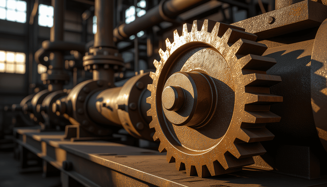 Sunlight catches the rusted iron teeth of a complex industrial gear assembly, highlighting the preci