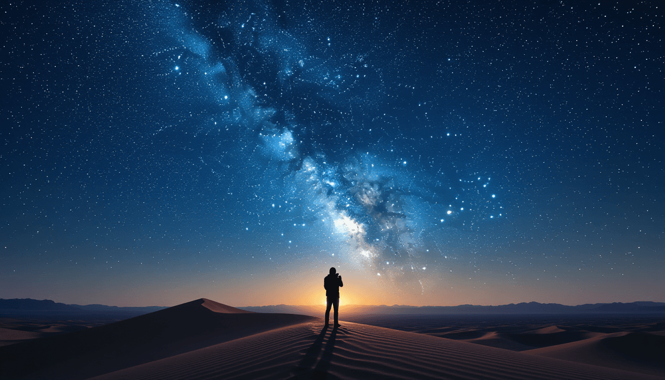 A lone photographer stands on a windswept desert ridge, silhouetted against a vast, star-filled nigh