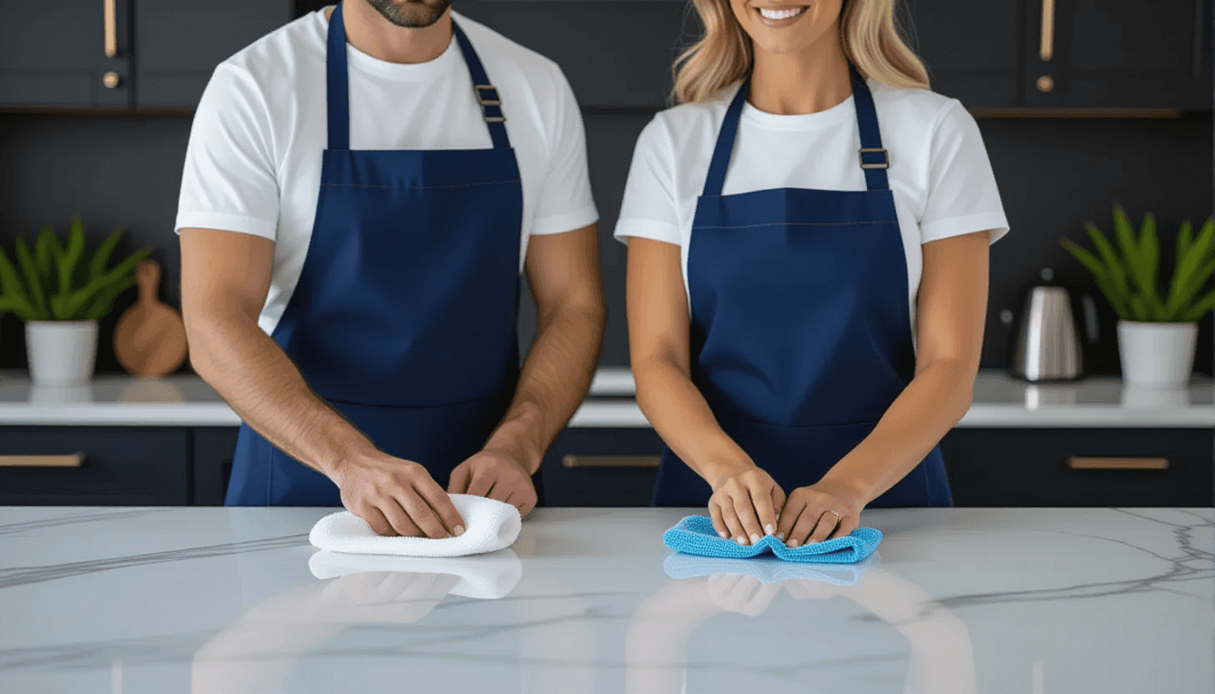 Over-the-shoulder view showing a man and woman in their forties, both wearing navy cleaning aprons